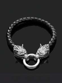 1入組男士嘻哈朋克護身符狼頭維京19/21/23cm皮質手鐲 - 彩色 - 查看 2