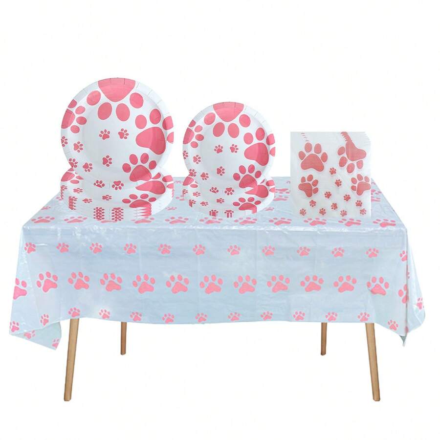 41 Piezas/set Kit De Vajilla De Fiesta De Tema De Huellas De Perro Rosa Con Servilletas De Papel (20 Piezas), Platos De 9 Pulgadas (10 Piezas), Platos De 7 Pulgadas (10 Piezas) Y Mantel (1 Pieza) - Rosa - Ver 1