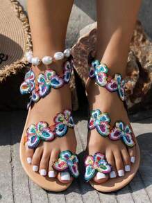Sandalias nuevas para mujer, verano 2024, decoración de flor, correa en el dedo del pie, estilo europeo y americano, zapatos de playa, San Valentín - Morado - Ver 1