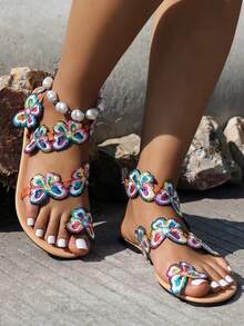 Sandalias nuevas para mujer, verano 2024, decoración de flor, correa en el dedo del pie, estilo europeo y americano, zapatos de playa, San Valentín - Morado - Ver 4
