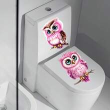 1pc Cartoon Pink Owl Sticker For Bathroom Toilet Home Wall Decoration, Waterproof Self-Adhesive Wallpaper - Pink - View 2