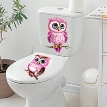 1pc Cartoon Pink Owl Sticker For Bathroom Toilet Home Wall Decoration, Waterproof Self-Adhesive Wallpaper - Pink - View 5