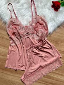 Short doll Conjunto Pijama Feminino/ Renda Bicolor - Bege - Visão 2