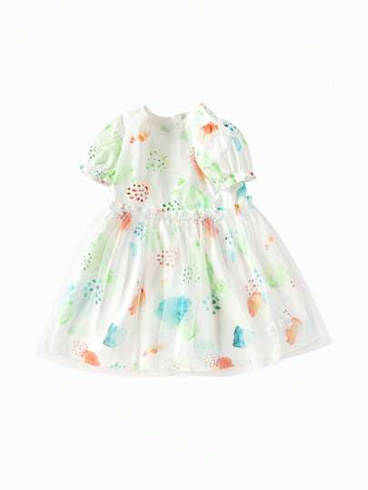 Balabala 年輕女孩夏季連衣裙，夢幻彩色顏料印花純棉圓領短袖公主連衣裙