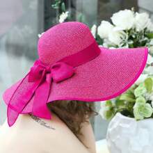 波西米亚风女式海滩草帽，超宽帽檐，防晒，度假风格，户外时尚蝴蝶结情人节