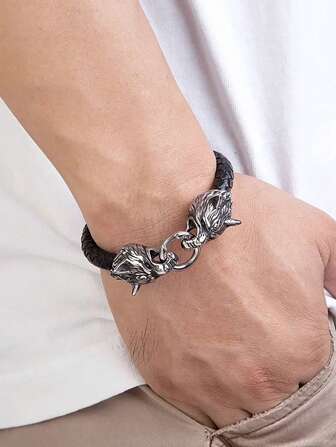 1pc Men's Hip Hop Punk Talisman Wolf Head Viking 19/21/23CM Leather Bracelet
