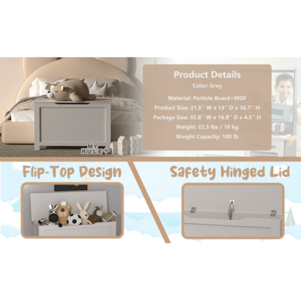 Wooden Toy Box With Safety Hinged Lid And FlipTip Design For Living