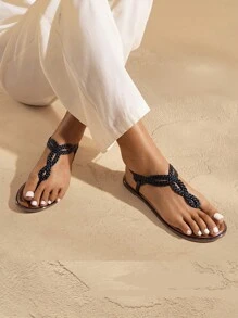 Women's Fashion Sandals, Dressy Summer Bohemian T-Strap Comfortable Summer Flats Sandals For Vacation Valentines - 黑色 - 查看 8