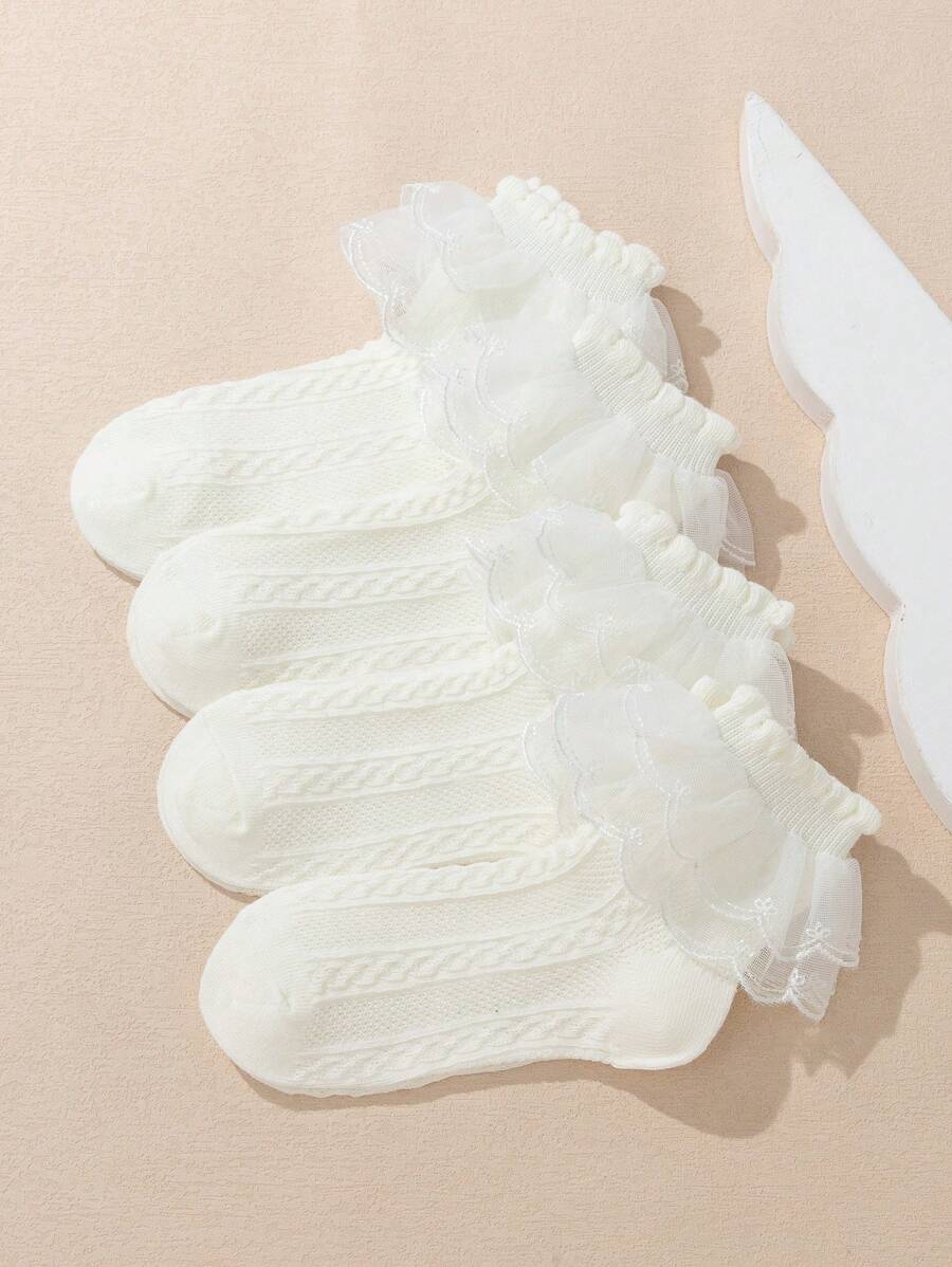 4pairs Girls' Toddler/Kid Dance Socks With Lace Trim For 1-3 Years Old - Apricot - View 1