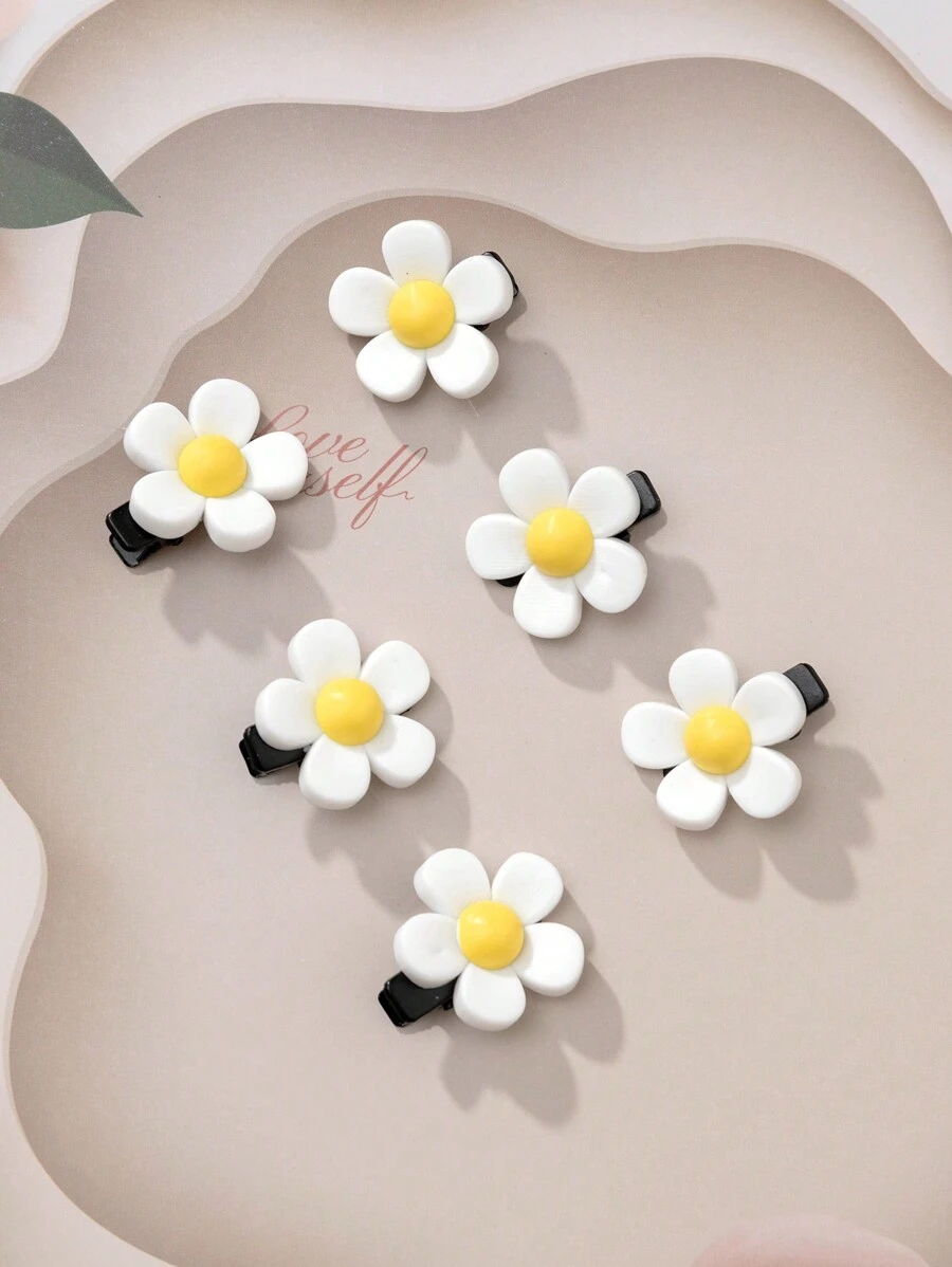 6pcs Set Elegant Simple Daisy Flower Hair Clip, Cute Kids Hair Accessory