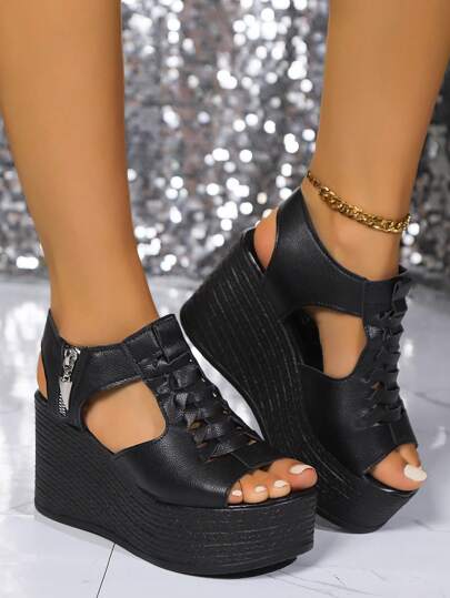 Damen Sommer Sandalen, modische personalisierte Peep-Zehen gewebte Seitenzipp offene Zehe schwarze Sandalen, bequeme vielseitige Strand Sandalen, lässiger Retro-Stil, geeignet für Innen- und Außenbereich, elegante Damen Plateau Keilsandalen