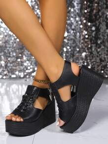 Sandali estivi da donna, sandali neri con cerniera laterale, punta aperta e intreccio alla moda, comodi e versatili per la spiaggia, stile casual retrò, adatti per uso interno ed esterno, eleganti sandali con zeppa e platform