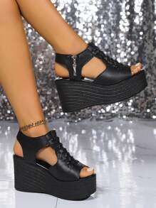 Sandali estivi da donna, sandali neri con cerniera laterale, punta aperta e intreccio alla moda, comodi e versatili per la spiaggia, stile casual retrò, adatti per uso interno ed esterno, eleganti sandali con zeppa e platform