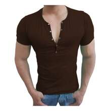 Camiseta Henley Slim Com Botão Pressão Manga Curta - Marrom - Visão 1