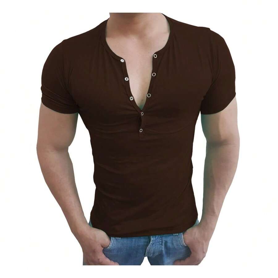 Camiseta Henley Slim Com Botão Pressão Manga Curta - Marrom - Visão 1