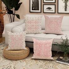 4PCS Geometric Light Pink Polyester Throw Pillow Covers, Vintage  Bohemian  Pillow Covers, Decorative Cushion Covers 45*45Cm/18 "X18" For Living Room Bedroom Sofa Bed Decoration - Baby Pink - View 5