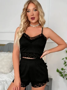 Women Casual Solid Ruffled Hem Suit Set, V-Neck Backless Camisole Top And Drawstring Shorts - Black - View 3