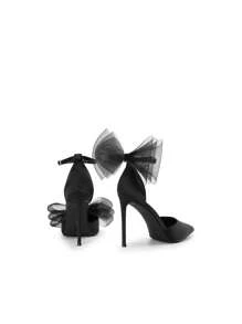 Women High Heels Strappy Closed Toe Stiletto Pointed Toe Mesh Bows Ankle Strap D'Orsay Prom Wedding Party Pumps Shoes Valentines - 黑色 - 查看 7