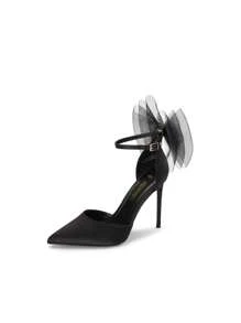 Women High Heels Strappy Closed Toe Stiletto Pointed Toe Mesh Bows Ankle Strap D'Orsay Prom Wedding Party Pumps Shoes Valentines - 黑色 - 查看 5