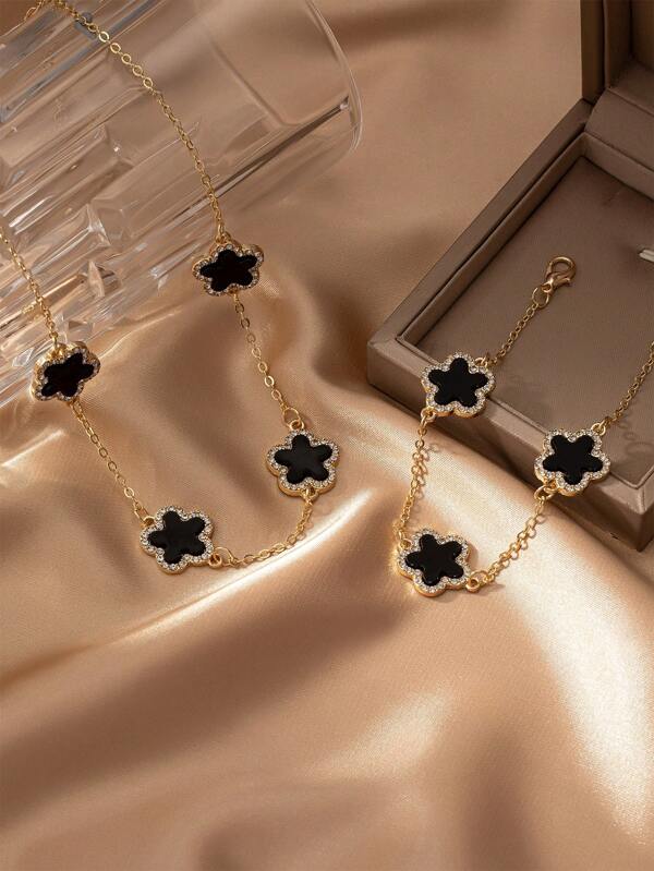 1 Peça Conjunto de Colar com Pingente em Formato de Trevo com Gota de Óleo e Detalhe de Strass e 1 Peça Pulseira em Formato de Trevo com Detalhe de Strass, para Mulheres Elegantes no Dia dos Namorados