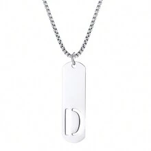 1pc Rectangle Tag English Letter Pendant Silver Tone 60cm Long Chain Necklace, Unisex - Silver - View 16