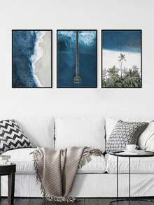 3 cái Hiện đại Xoăn Sóng tranh sơn dầu Bức tranh Xanh Đại dương Phong cảnh Nghệ thuật In hoa bờ biển Treo tranh Cầu bản in cây cọ Bắc Âu Áp phích Phòng khách Trang trí tường Nhà  Đồ trang trí Khung trang trí - Màu be - Xem 3