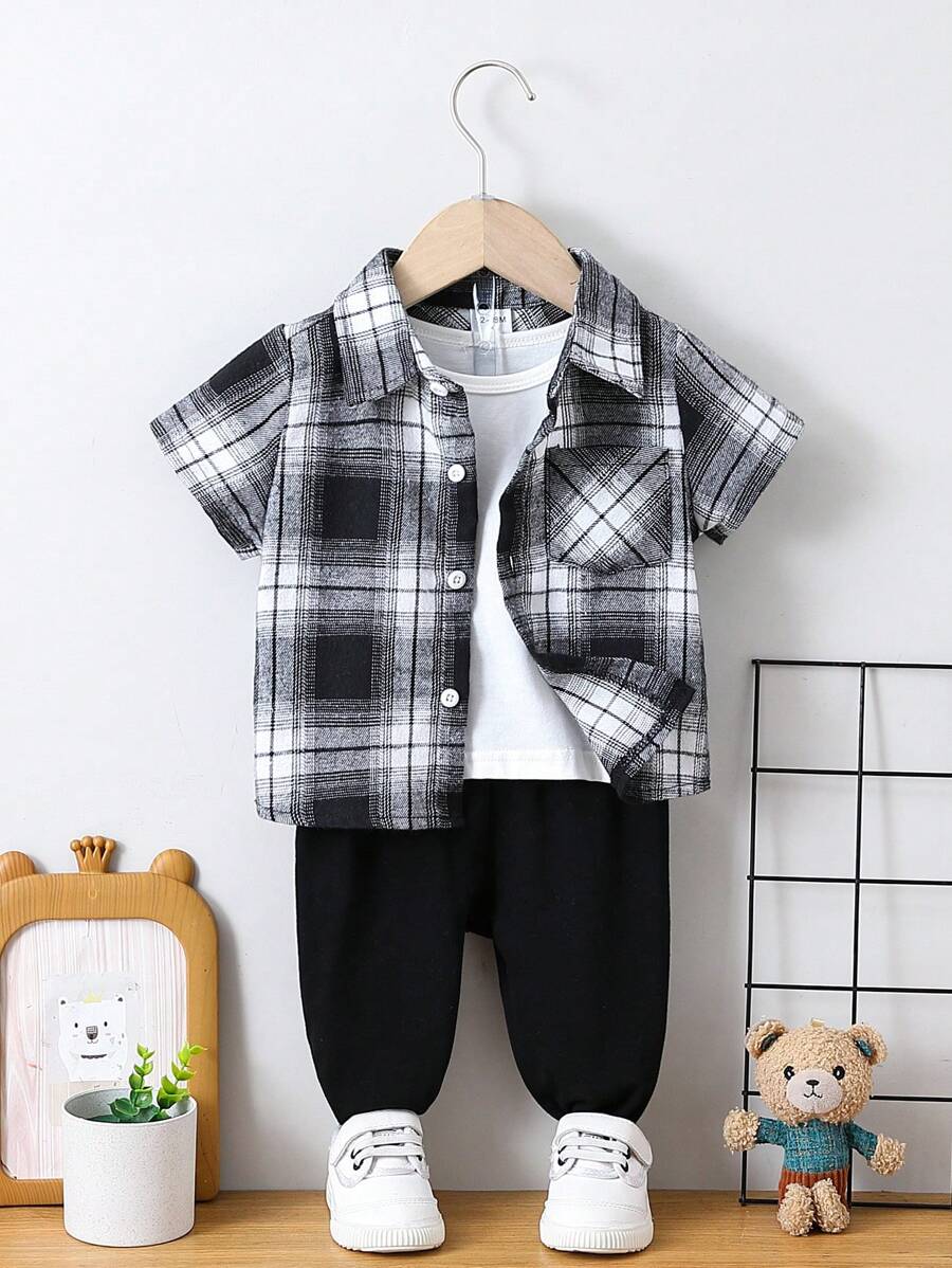Young Boy Black And White Checkered Short Sleeve Shirt & Black Pants - Black and White - View 1