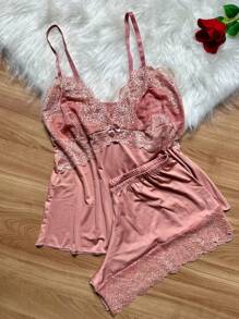 Short doll Conjunto Pijama Feminino/ Renda Bicolor - Bege - Visão 1