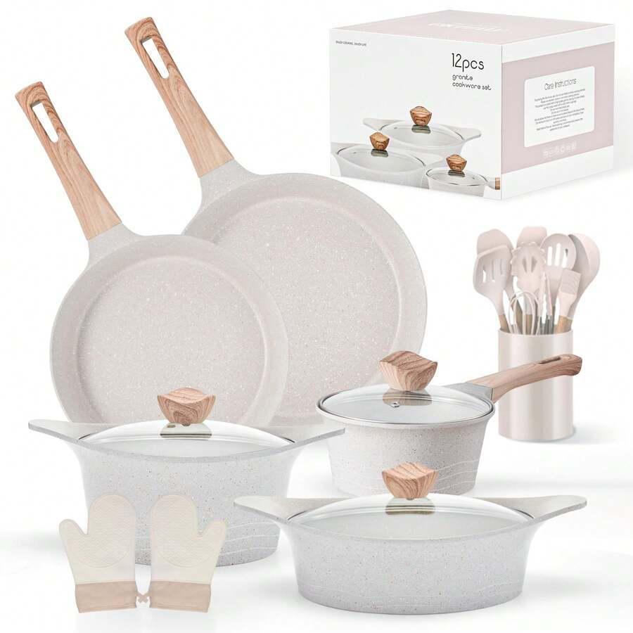 RIOVARM-EU RIOVARM Induction Pot And Pan Set With Lid Granite Non-Stick Coated Pot & Pan Sets Free Cookware Set With Frying Pan Saucepan Spatula Set - Beige - View 1