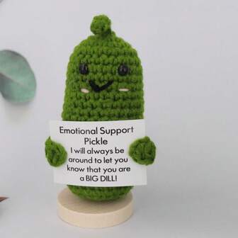 1pc Cute Knitted Positive Decoration With Wooden Base Funny Crochet Inspirational Cucumber With Positive Card Birthday Cheer Up Gifts For Friends Room Desktop Decorations Valentine's Day Gift Birthday