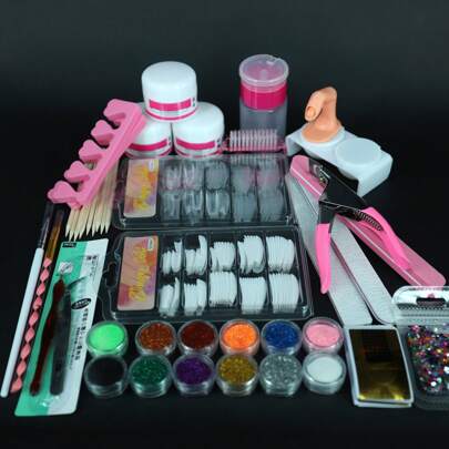 Kit profesional de uñas acrílicas (sin pegamento ni líquido acrílico): Este kit incluye 3 polvos de cristal, purpurina, 12 juegos de purpurina, 2 cajas de puntas de uñas acrílicas, cortaúñas, algunos juegos de uñas acrílicas DIY, 1 dedo falso, 1 vaso doble, 1 pincel de pelo de cabra, 1 botella de presión transparente, 1 botella de polvo de cristal (transparente), 1 botella de polvo de cristal (blanco), 1 botella de polvo de cristal (rosa), 2 separadores de dedos, 1 tira de arena gris diamante, 1 tira de arena gris de cabeza redonda, 1 tira de pulido, 1 caja de puntas de uñas francesas transparentes (100 piezas), 1 caja de puntas de uñas francesas blancas (100 piezas), 1 bolígrafo de terapia de cristal, 1 bolígrafo de terapia, 1 tenedor de piel muerta, 10 palitos de madera de naranja, 1 cortaúñas de punta recta, 1 bolsa de cuentas de diamante de colores (aproximadamente 1000 piezas), 1 juego de 12 purpurinas de colores, 20 bandejas de papel, 1 pinzas de punta curva plateadas.