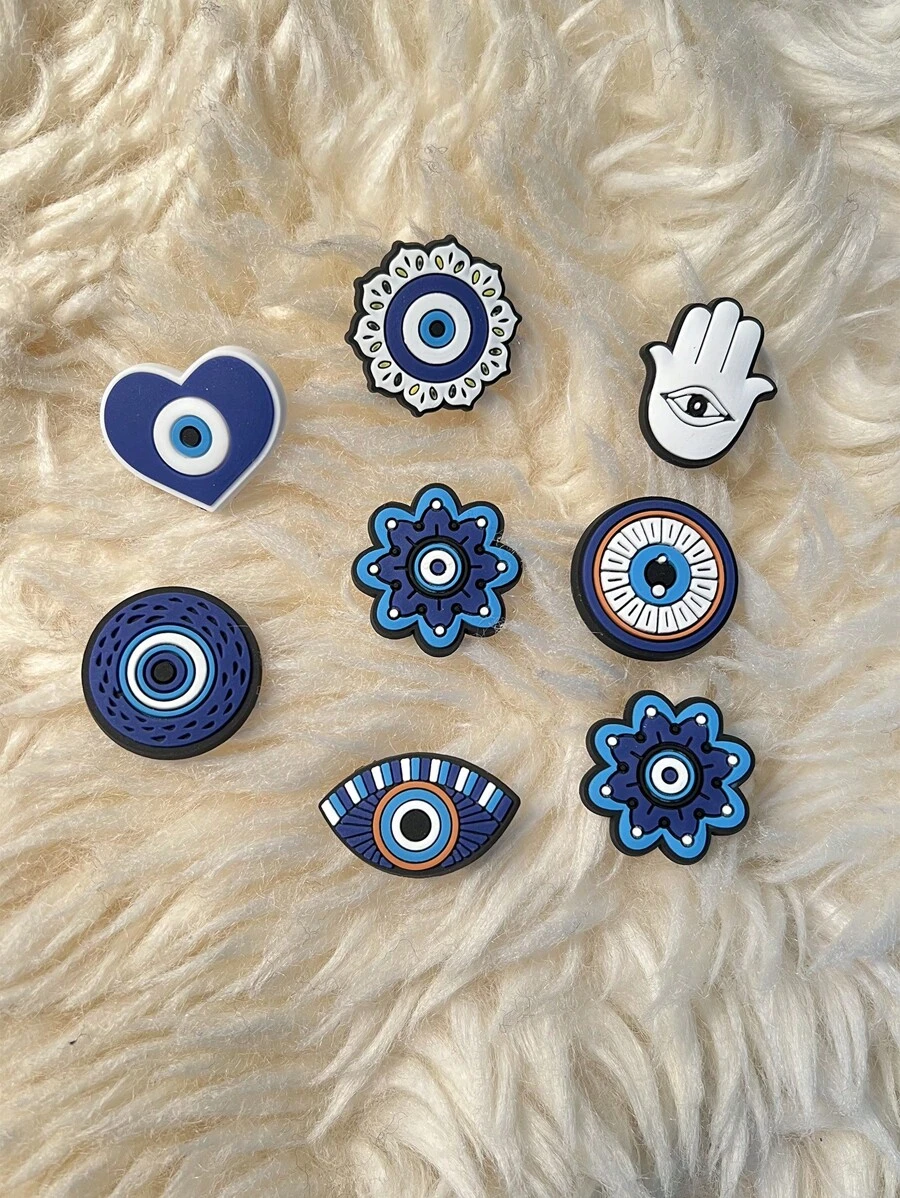 8pcs Blue Devil Eye Pattern Detachable Shoe Charms For Diy Accessories, Blue Shoes Accessories For Spring Summer - Blue - View 1