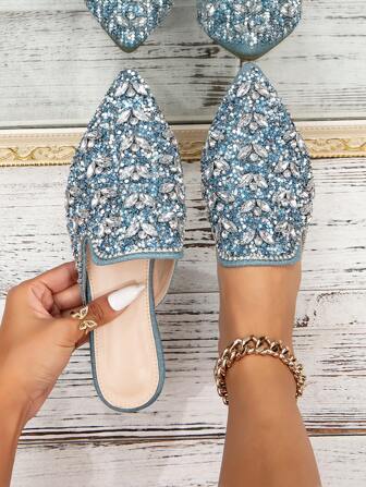 Fashionable Ladies' Pointed Toe Flat Sandals Adorned With Rhinestones Embellishment, Suitable For All Seasons