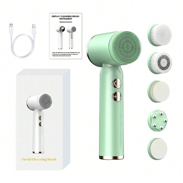 6-In-1 Electric Facial Cleansing Brush With 6 Brush Heads, Deep Cleaning, Gentle Exfoliation, Blackhead Removal And Massage, Cleansing Device With Display Screen