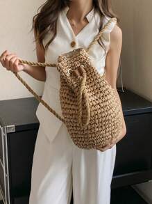 1pc Fashionable Casual Summer Holiday Solid Color Straw Foldable Drawstring Bucket Bag, Suitable For Holidays, Outdoor Activities, Beach Essential, Summer Handbag, Perfect For Travel, Vacation, Holiday And Beach, Can Also Be Used As Backpack, School Bag, Large Capacity, Portable, Suitable For Teenage Girls, Women, College Students For Vacation, Holiday, Outdoor Activities, Travel, Hiking. - Khaki - View 5