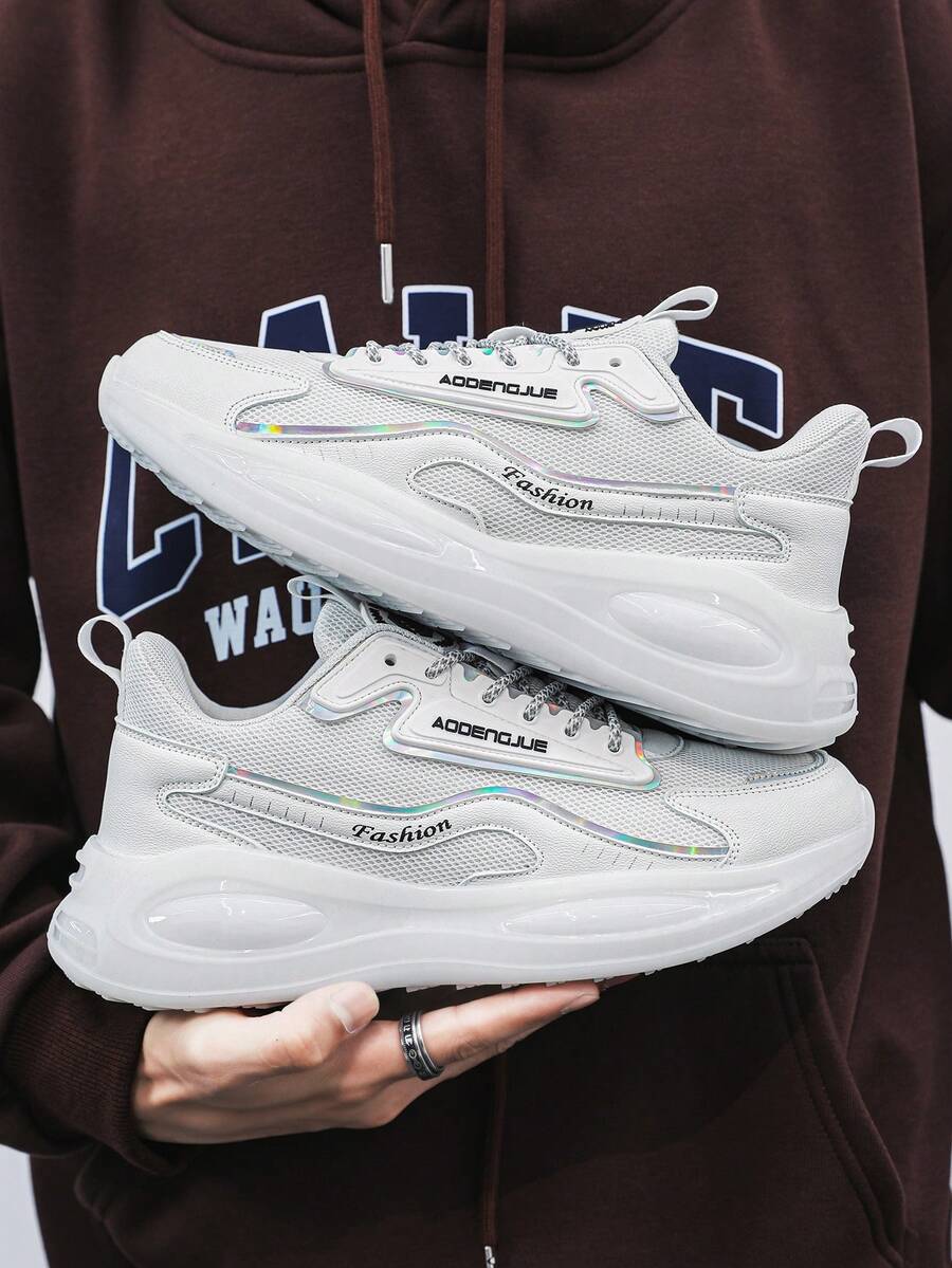 男士激光切割字母裝飾無帶運動鞋,戶外透氣網布休閒跑步鞋 - 白色 - 查看 1