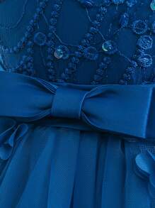 优雅多层薄纱拖尾连衣裙，适合年轻女孩，可用于旅行、度假和各种场合，不含头饰 - 藍色 - 查看 6