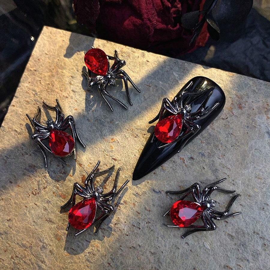 5pcs Gothic Style Jewel-Encrusted Spider Charm For Nail Art, Diy Decorations - Silver - View 1