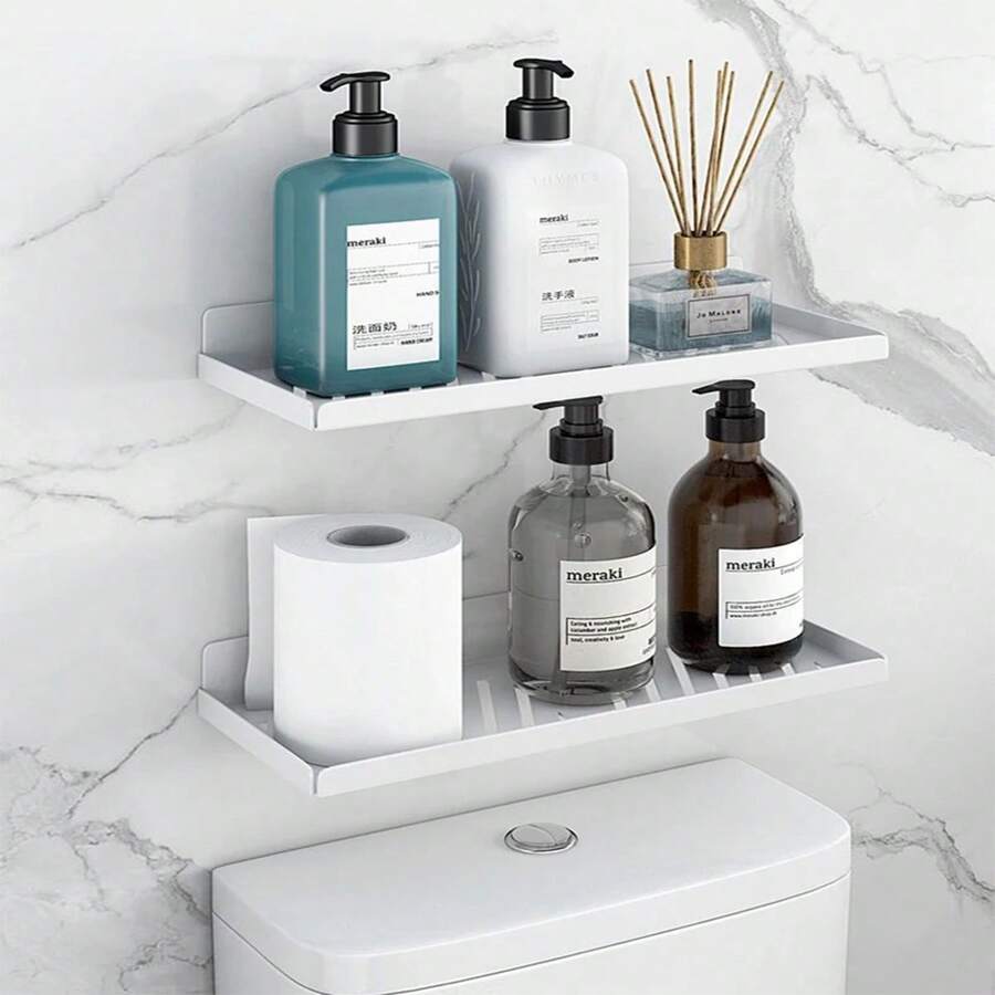 1pc No-Drill Adhesive Bathroom Wall Mounted Storage Shelf With Drainage - White - View 1