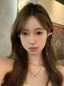 天使翅膀長款流蘇耳環 Y2k 復古無耳洞耳骨珠寶禮物,仿仙女蝴蝶耳環耳夾,優雅精靈風 - 銀色 - 查看 3