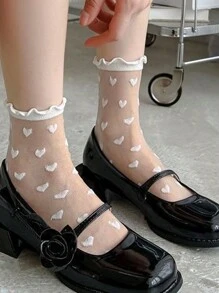 1pair Girl's Ultra-Thin Transparent Black Stockings, White Short Socks, Heart Pattern Pile Socks, Black Mid-Length Socks For Spring And Summer