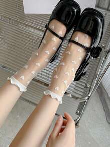 1pair Girl's Ultra-Thin Transparent Black Stockings, White Short Socks, Heart Pattern Pile Socks, Black Mid-Length Socks For Spring And Summer