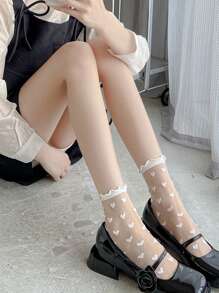 1pair Girl's Ultra-Thin Transparent Black Stockings, White Short Socks, Heart Pattern Pile Socks, Black Mid-Length Socks For Spring And Summer