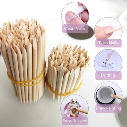 100 Pcs Double Sided Cuticle Pusher - Multifunctional Wooden Design Home Nail Salon Use