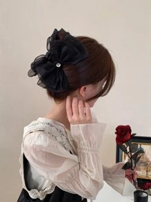 1pc High-End Princess Hair Clip With Black Mesh Bowknot, Chic Hair Claw And Bow, For Occasion Elegant Hair Clips Hair Jaw Clip Hair Clamps Hair Clutch Hair Catcher Clip, Claw Clip Fall Winter Hair Accessories For Women For Vacation Outfits Woman