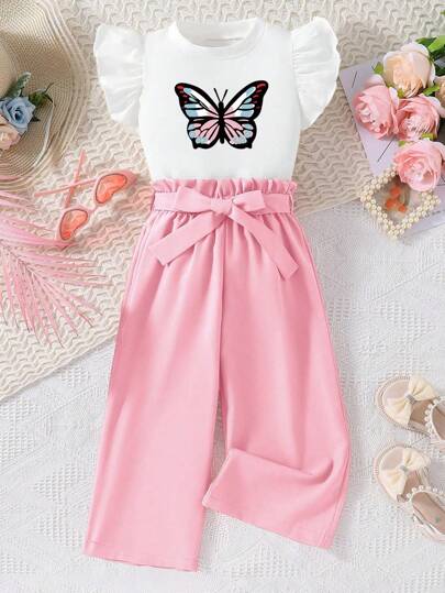 Tween Girl Butterfly Pattern Printed Ruffled Short Sleeve Tee And Paper Bag Waist Belted Long Pants For Spring/Summer