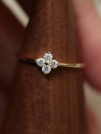 925 Sterling Silver 18K Gold Plated Four-Leaf Clover Ring, Sparkling Four-Petal Flower Zirconia Jewelry Set Including Ring, Necklace And Bracelet, Delicate & Fashionable