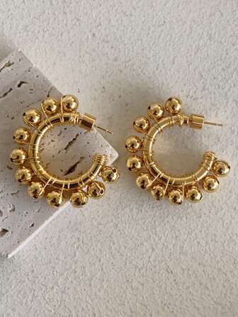 French Vintage Spanish Niche Design Exaggerated Fashion Beaded C Hoop 18k Gold Plated Earrings