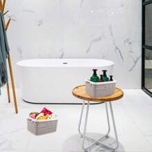 Cesta de almacenamiento de plástico, conjunto de 3 canastas de almacenamiento tejidas de plástico con asas, cesta de almacenamiento de ratán plástico para escritorio, caja de almacenamiento de sobremesa para cocina, baño y armario - Gris - Ver 6