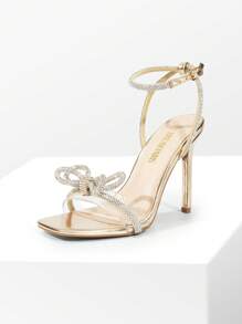 Women Bowknots Crystal Heeled Sandals Fashion Square Toe Rhinestone Decor Ankle Strap Heels For Sweet-Meets-Sassy Styles, For Autumn Party Wedding Prom - Gold - View 1